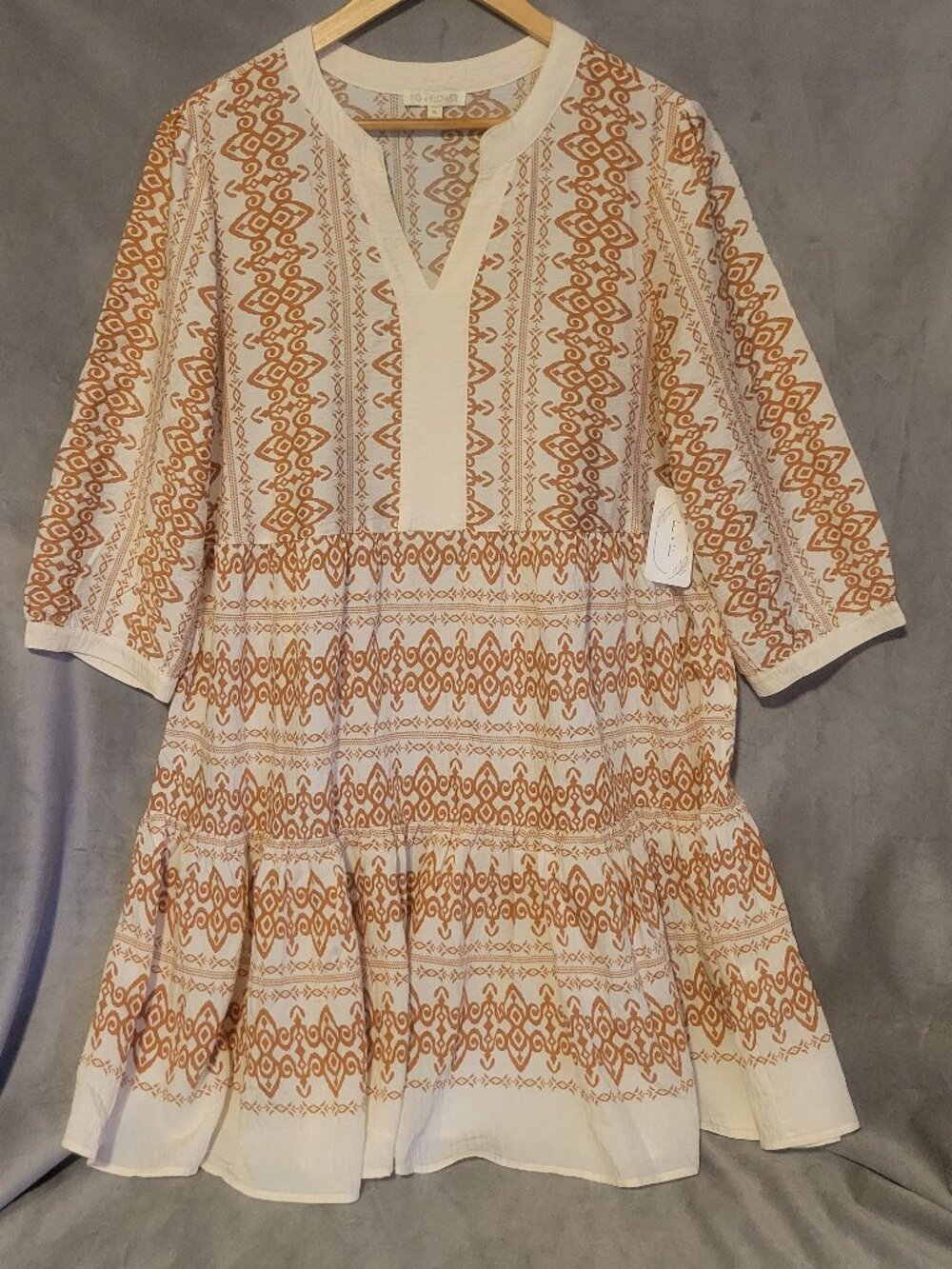 Fig + Flower XXL White Brown Geometric Bohemian Knee Length A-Line Dress V-Neck